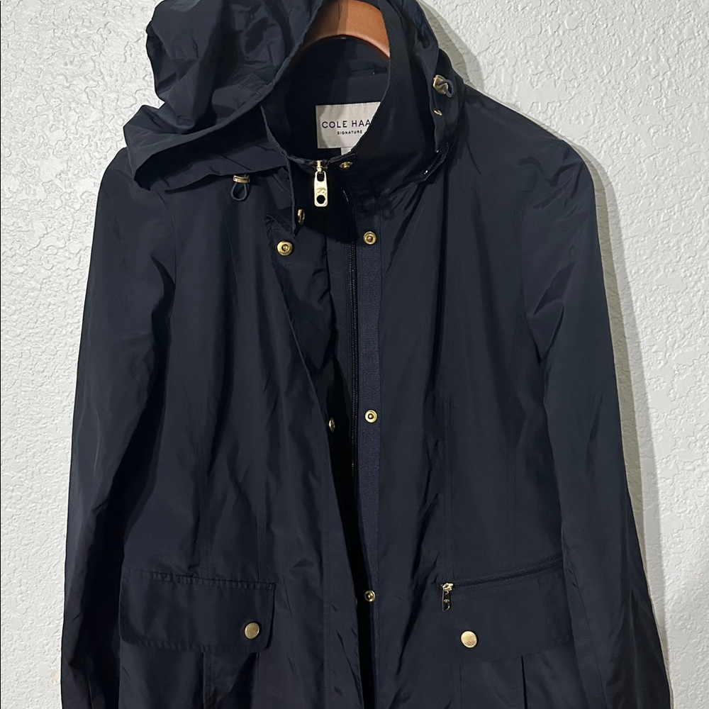 Cole Haan Women Navy Back Bow Packable Detachable hooded Raincoat Size M